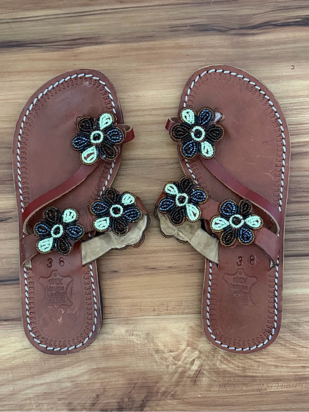 Authentic Maasai Leather Beaded Sandals Handmade in Africa Size 36